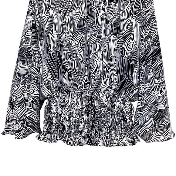 Allison Taylor L Top Blouse Drop Waist Shirred Black White Abstract Ruffle Large - Picture 9 of 14